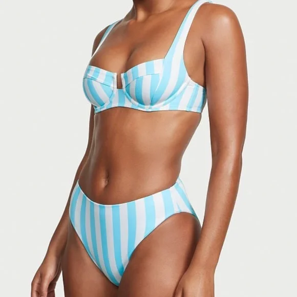 Victoria’s Secret SWIM High-Waist Full Coverage Bikini Bottom NWT AQUA/WHITE SM. - Picture 2 of 3